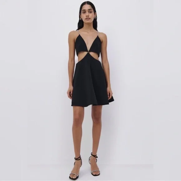 Jonathan Simkhai Ellis Crystal Strap Cut Out Mini Dress Size 4 Black/Silver - Picture 1 of 16
